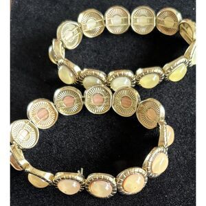 VTG Stretch Bracelet Set Gold Tone Butterscotch Lucite Cabochon Stack Retro MC